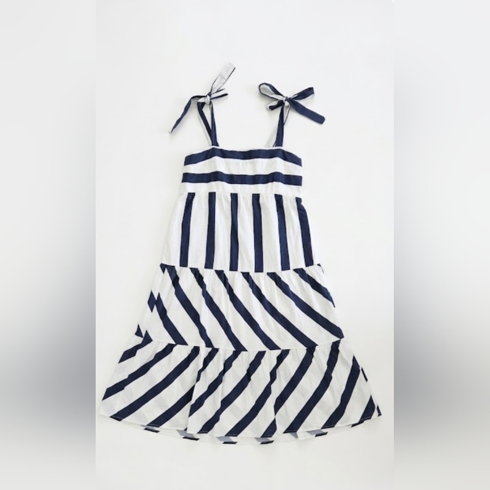 MSK Striped Sundress Navy White Tie Strap Tiered Midi Dress M.